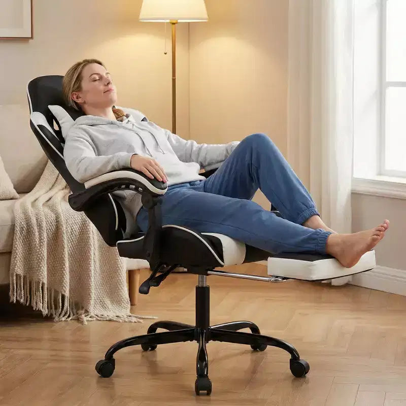 Chaise de jeu avec repose-pieds, chaise d'ordinateur ergonomique avec appuie-tête et support lombaire, chaise de jeu respirante et réglable en hauteur pour la maison et le bureau