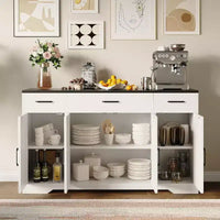 Buffet de ferme avec rangement – Grand buffet de cuisine de 140 cm avec 3 tiroirs, meuble bar à café en bois pour salle à manger et salon