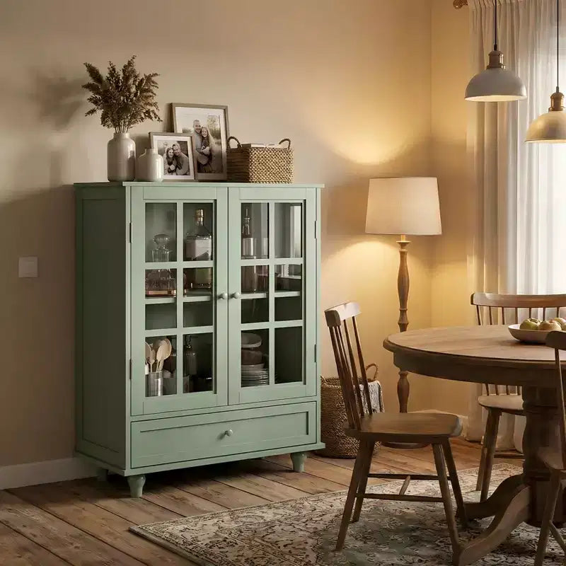 Meuble Buffet Minimaliste FurnitureR avec Portes en Verre et Tiroir, Armoire de Rangement de Style Ferme pour Salle à Manger, Cuisine, Salon, Couloir et Entrée