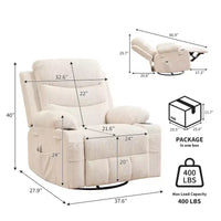 Fauteuil Inclinable Pivotant avec Massage et Chaleur, Fauteuil à Bascule 360° avec Porte-Gobelets et Poches Latérales, Canapé Ergonomique pour Salon, Camping-car, Chambre de Bébé