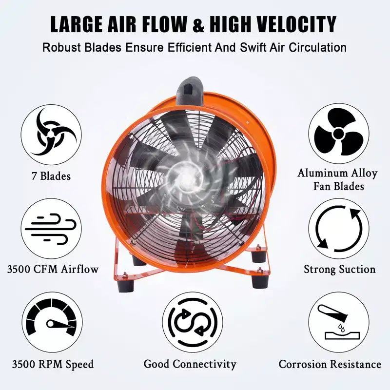 Ventilateur, ventilateur soufflant robuste 12 pouces portable, moteur haute vitesse 580W avec débit d'air 3500 CFM, conduit flexible 32,8 pi, échappement faible bruit