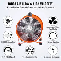 Ventilateur, ventilateur soufflant robuste 12 pouces portable, moteur haute vitesse 580W avec débit d'air 3500 CFM, conduit flexible 32,8 pi, échappement faible bruit