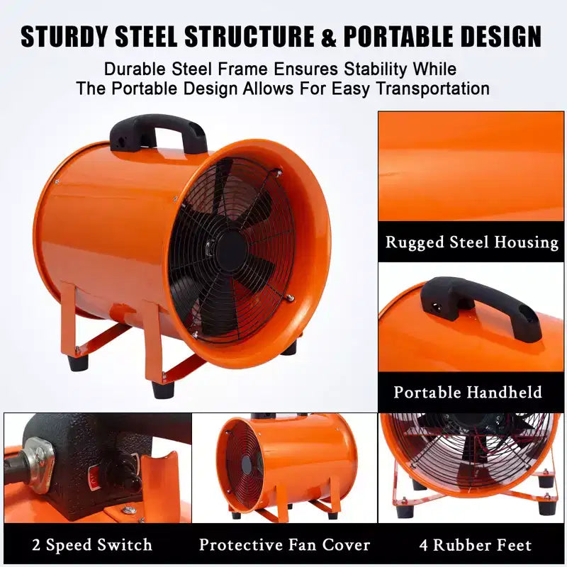 Ventilateur, ventilateur soufflant robuste 12 pouces portable, moteur haute vitesse 580W avec débit d'air 3500 CFM, conduit flexible 32,8 pi, échappement faible bruit