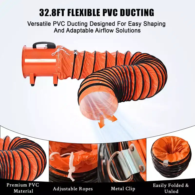 Ventilateur, ventilateur soufflant robuste 12 pouces portable, moteur haute vitesse 580W avec débit d'air 3500 CFM, conduit flexible 32,8 pi, échappement faible bruit