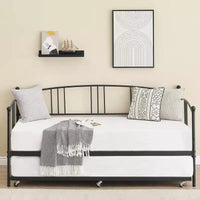 Lit de repos avec lit gigogne, Lit de repos robuste en métal avec support à lattes en acier, Lit gigogne double avec tête de lit arquée, Canapé-lit pour salon, chambre à coucher
