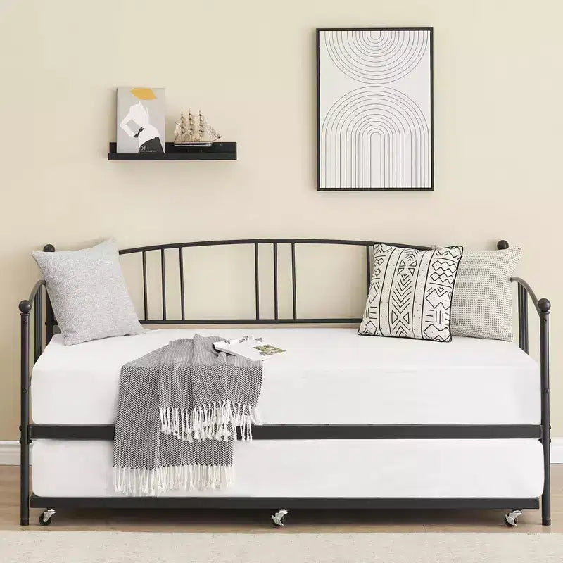 Lit de repos avec lit gigogne, Lit de repos robuste en métal avec support à lattes en acier, Lit gigogne double avec tête de lit arquée, Canapé-lit pour salon, chambre à coucher