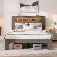 Lit plateforme double/grand lit/très grand lit avec tête de lit de rangement à LED, cadre de lit plateforme en bois avec 2 ports USB, grand espace de rangement sous le lit