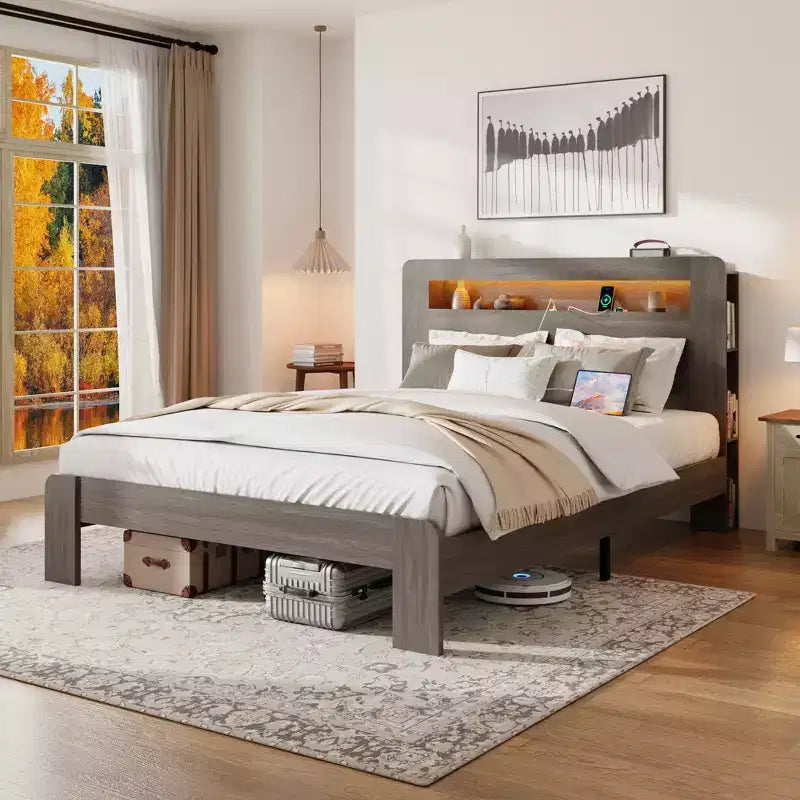 Lit plateforme double/grand lit/très grand lit avec tête de lit de rangement à LED, cadre de lit plateforme en bois avec 2 ports USB, grand espace de rangement sous le lit