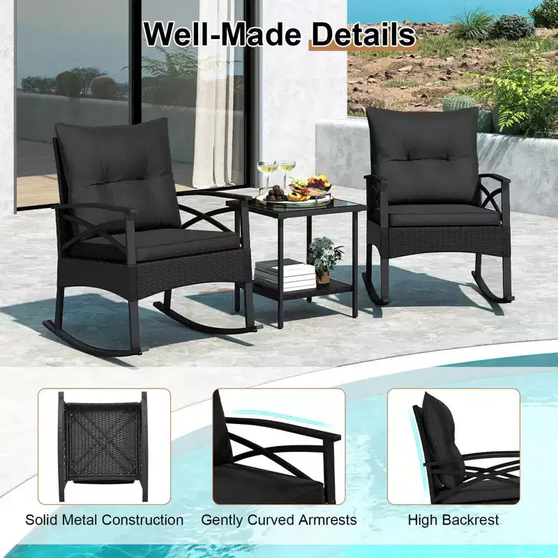 Ensemble de 3 chaises à bascule Costway en rotin avec accoudoirs et plateau de table en bois d'acacia pour véranda ou balcon, marron mélangé + beige/gris/bleu marine/noir