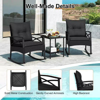 Ensemble de 3 chaises à bascule Costway en rotin avec accoudoirs et plateau de table en bois d'acacia pour véranda ou balcon, marron mélangé + beige/gris/bleu marine/noir