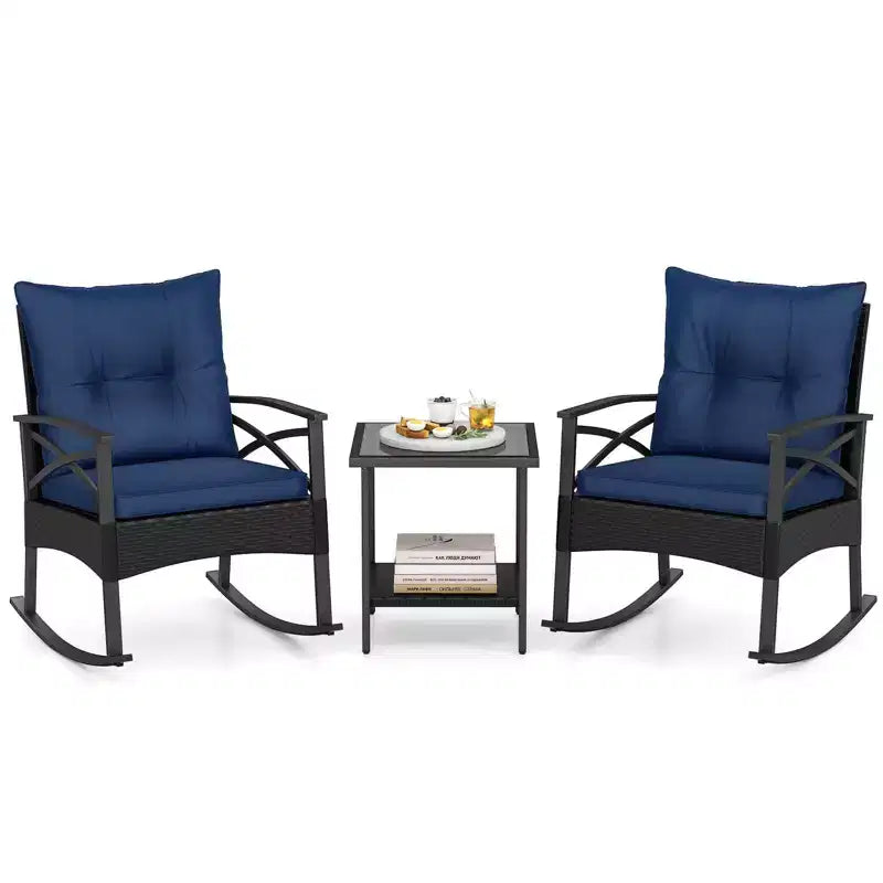 Ensemble de 3 chaises à bascule Costway en rotin avec accoudoirs et plateau de table en bois d'acacia pour véranda ou balcon, marron mélangé + beige/gris/bleu marine/noir