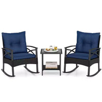 Ensemble de 3 chaises à bascule Costway en rotin avec accoudoirs et plateau de table en bois d'acacia pour véranda ou balcon, marron mélangé + beige/gris/bleu marine/noir