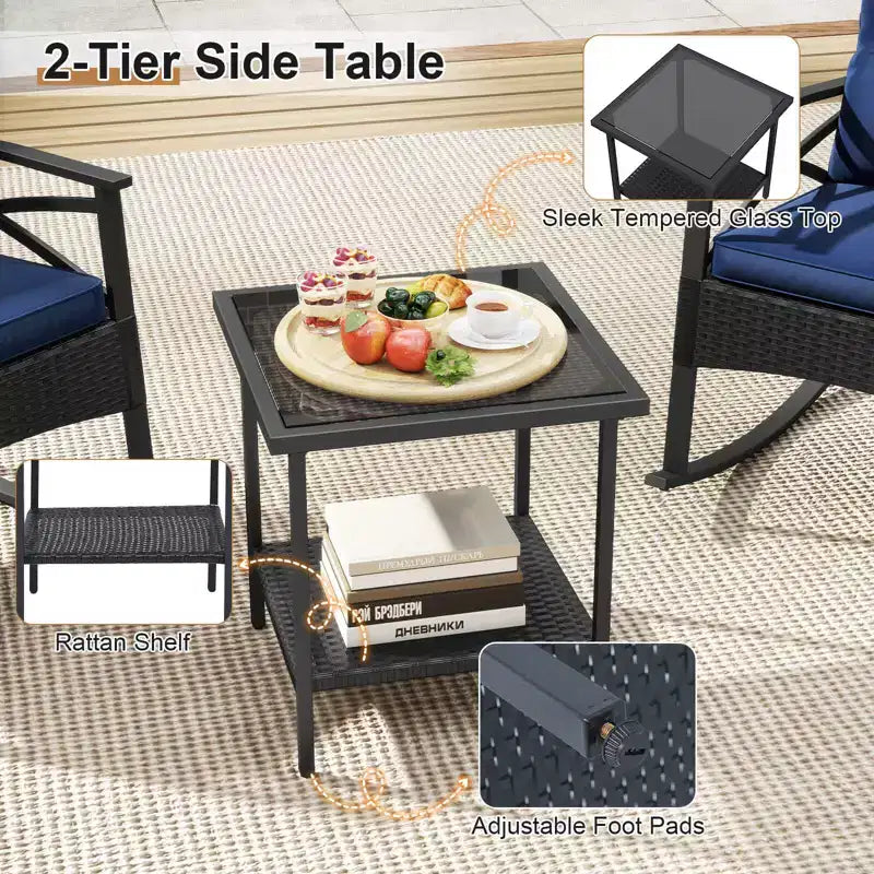 Ensemble de 3 chaises à bascule Costway en rotin avec accoudoirs et plateau de table en bois d'acacia pour véranda ou balcon, marron mélangé + beige/gris/bleu marine/noir