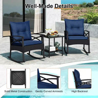 Ensemble de 3 chaises à bascule Costway en rotin avec accoudoirs et plateau de table en bois d'acacia pour véranda ou balcon, marron mélangé + beige/gris/bleu marine/noir