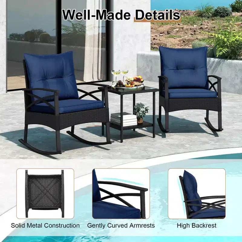 Ensemble de 3 chaises à bascule Costway en rotin avec accoudoirs et plateau de table en bois d'acacia pour véranda ou balcon, marron mélangé + beige/gris/bleu marine/noir
