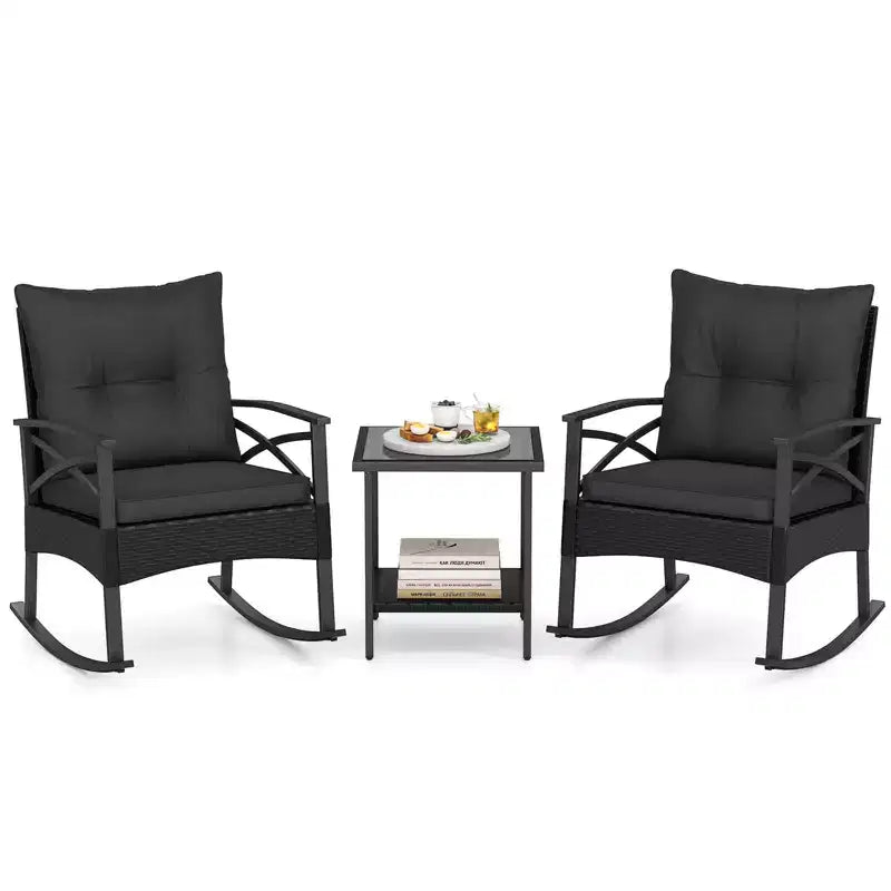 Ensemble de 3 chaises à bascule Costway en rotin avec accoudoirs et plateau de table en bois d'acacia pour véranda ou balcon, marron mélangé + beige/gris/bleu marine/noir