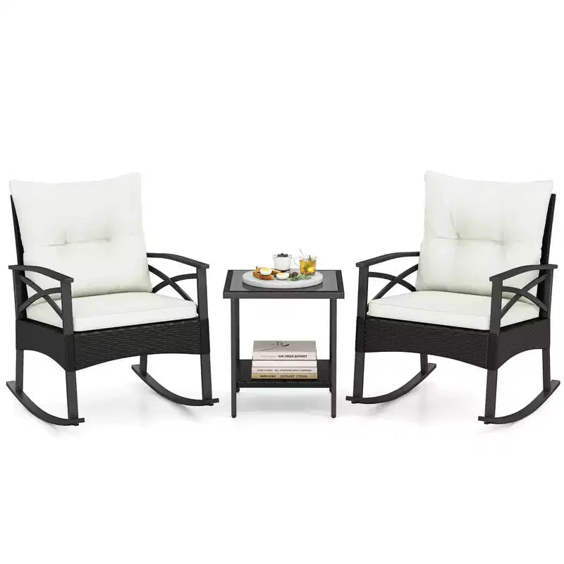 Ensemble de 3 chaises à bascule Costway en rotin avec accoudoirs et plateau de table en bois d'acacia pour véranda ou balcon, marron mélangé + beige/gris/bleu marine/noir