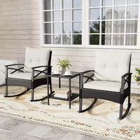 Ensemble de 3 chaises à bascule Costway en rotin avec accoudoirs et plateau de table en bois d'acacia pour véranda ou balcon, marron mélangé + beige/gris/bleu marine/noir