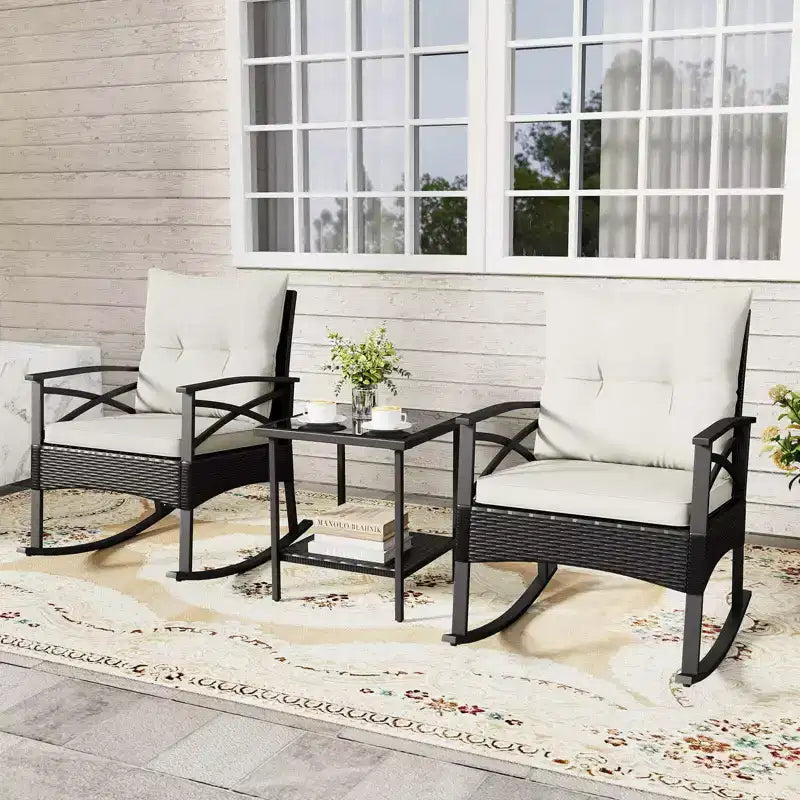 Ensemble de 3 chaises à bascule Costway en rotin avec accoudoirs et plateau de table en bois d'acacia pour véranda ou balcon, marron mélangé + beige/gris/bleu marine/noir