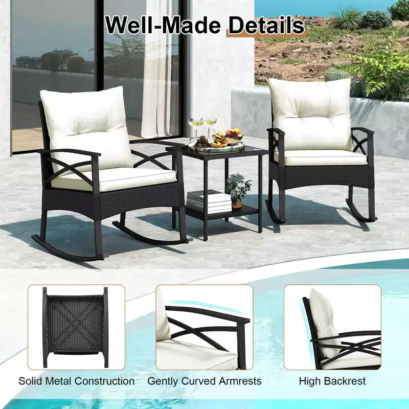 Ensemble de 3 chaises à bascule Costway en rotin avec accoudoirs et plateau de table en bois d'acacia pour véranda ou balcon, marron mélangé + beige/gris/bleu marine/noir