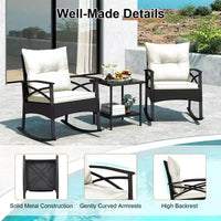 Ensemble de 3 chaises à bascule Costway en rotin avec accoudoirs et plateau de table en bois d'acacia pour véranda ou balcon, marron mélangé + beige/gris/bleu marine/noir