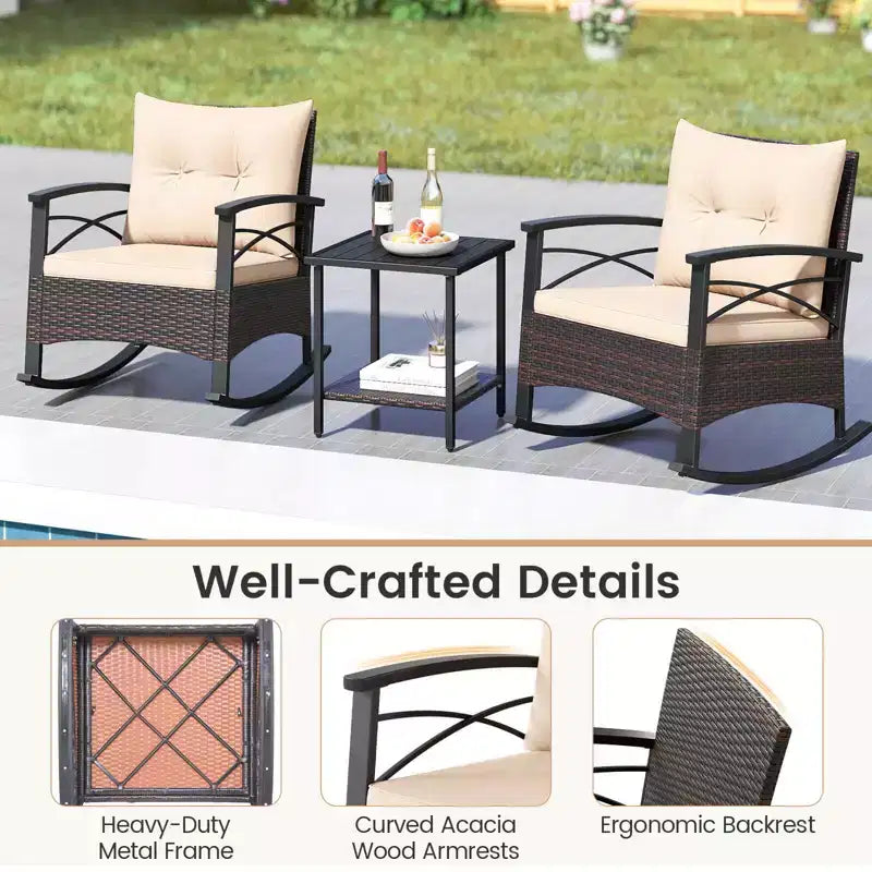 Ensemble de 3 chaises à bascule Costway en rotin avec accoudoirs et plateau de table en bois d'acacia pour véranda ou balcon, marron mélangé + beige/gris/bleu marine/noir