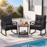 Ensemble de 3 chaises à bascule Costway en rotin avec accoudoirs et plateau de table en bois d'acacia pour véranda ou balcon, marron mélangé + beige/gris/bleu marine/noir
