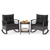 Ensemble de 3 chaises à bascule Costway en rotin avec accoudoirs et plateau de table en bois d'acacia pour véranda ou balcon, marron mélangé + beige/gris/bleu marine/noir