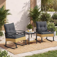 Ensemble de 3 chaises à bascule Costway en rotin avec accoudoirs et plateau de table en bois d'acacia pour véranda ou balcon, marron mélangé + beige/gris/bleu marine/noir