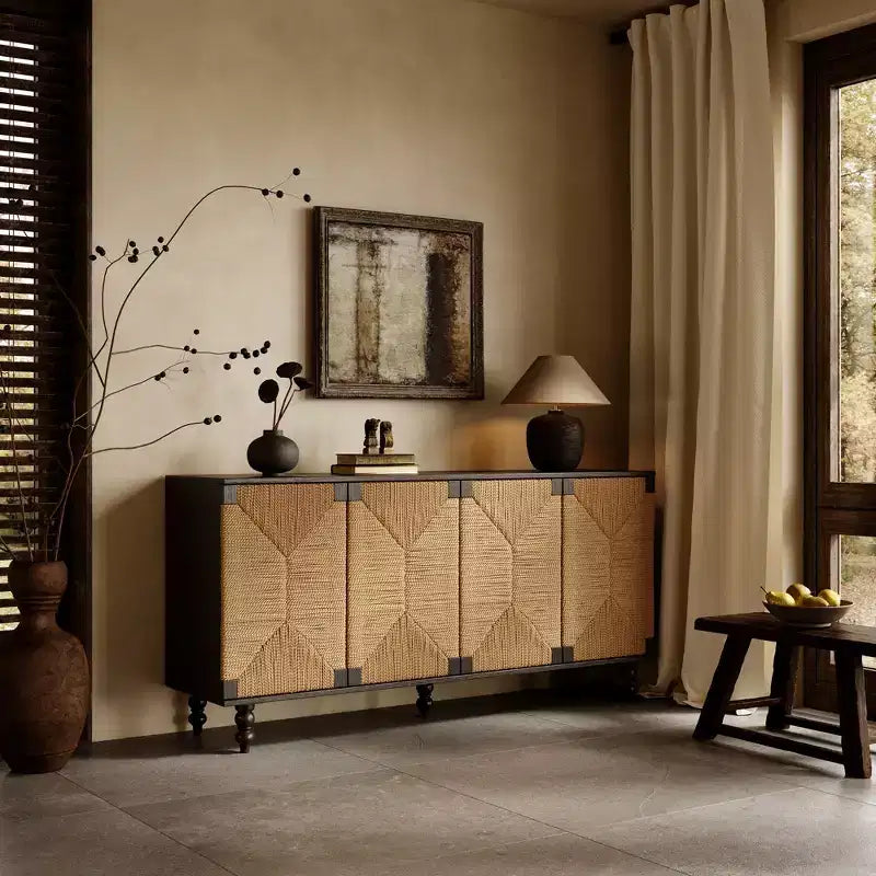 Meuble de rangement/buffet Natural Accent, Meuble TV en bois avec portes en jonc de mer tressé, Fini grain de bois noir