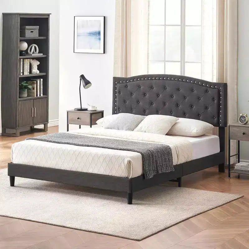 Cadre de lit plateforme taille Queen, cadre de lit tapissé Queen avec tête de lit réglable, support à lattes robuste, sans sommier requis, gris