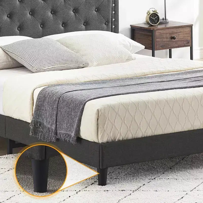 Cadre de lit plateforme taille Queen, cadre de lit tapissé Queen avec tête de lit réglable, support à lattes robuste, sans sommier requis, gris