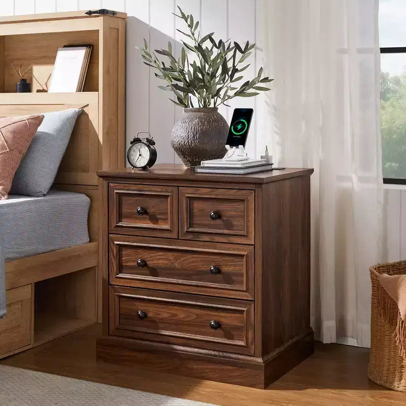 Table de chevet avec 4 tiroirs de rangement, table de nuit large de 66 cm avec station de charge, tables d'appoint en bois pour chambre à coucher, salon