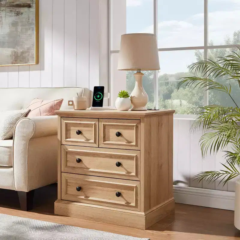 Table de chevet avec 4 tiroirs de rangement, table de nuit large de 66 cm avec station de charge, tables d'appoint en bois pour chambre à coucher, salon