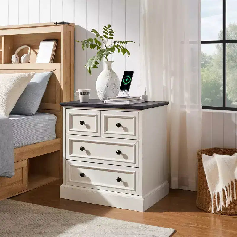 Table de chevet avec 4 tiroirs de rangement, table de nuit large de 66 cm avec station de charge, tables d'appoint en bois pour chambre à coucher, salon