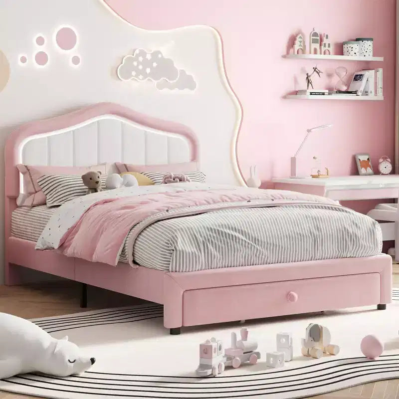 Lit plateforme tapissé Twin avec tête de lit LED et tiroir de rangement, rose / blanc, lattes en bois, sans sommier, silencieux, montage facile, pour enfants