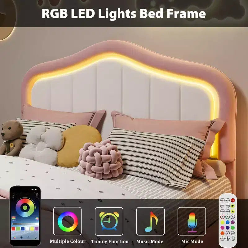 Lit plateforme tapissé Twin avec tête de lit LED et tiroir de rangement, rose / blanc, lattes en bois, sans sommier, silencieux, montage facile, pour enfants