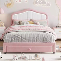 Lit plateforme double capitonné avec tête de lit LED et tiroir de rangement, rose/blanc, lattes en bois, sans sommier, silencieux, montage facile, pour enfants