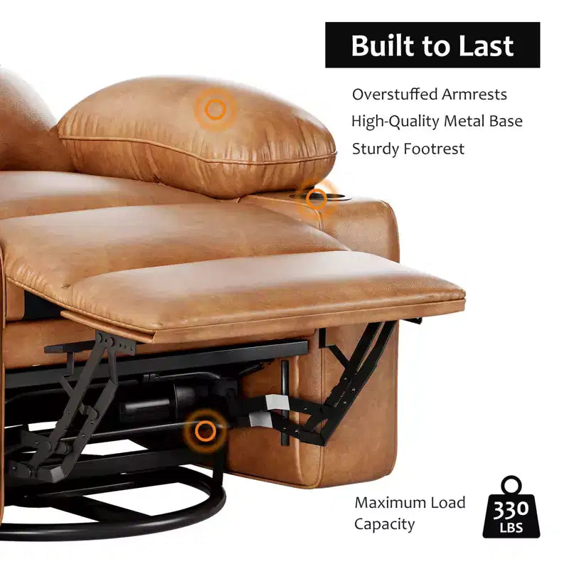 Fauteuil inclinable pivotant à bascule de 56 cm, inclinable paresseux en cuir PU avec éponge 1,5X, porte-gobelet et poches latérales, pivotant à 360° pour salon, chambre à coucher, chambre d'enfant