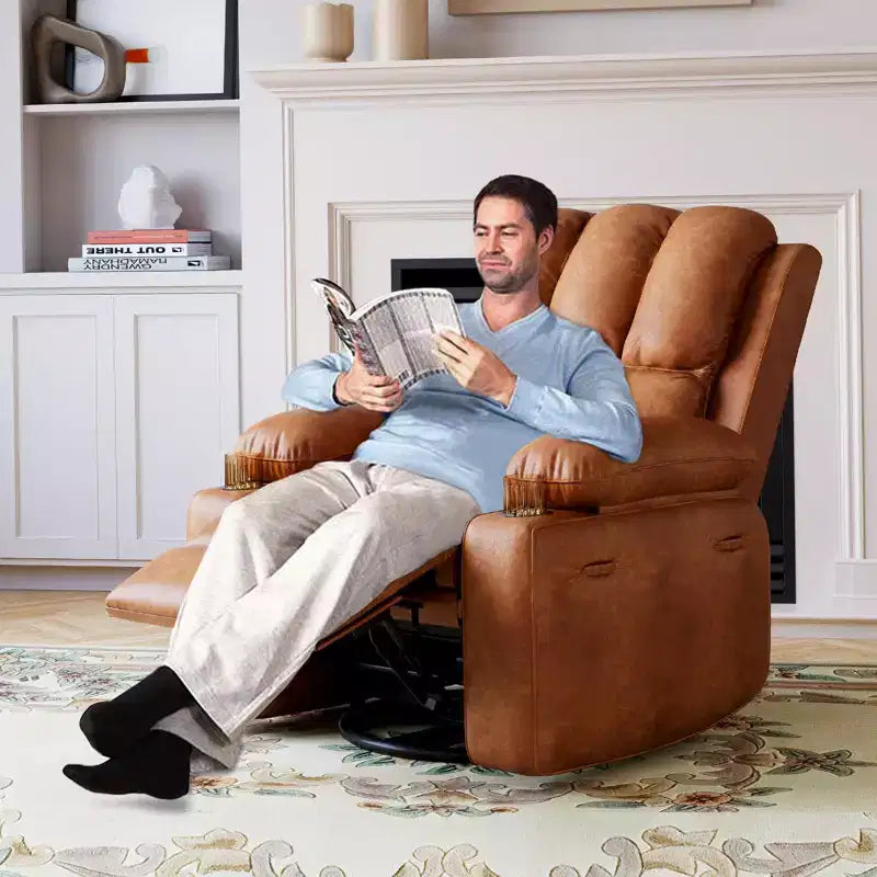 Fauteuil inclinable pivotant à bascule de 56 cm, inclinable paresseux en cuir PU avec éponge 1,5X, porte-gobelet et poches latérales, pivotant à 360° pour salon, chambre à coucher, chambre d'enfant