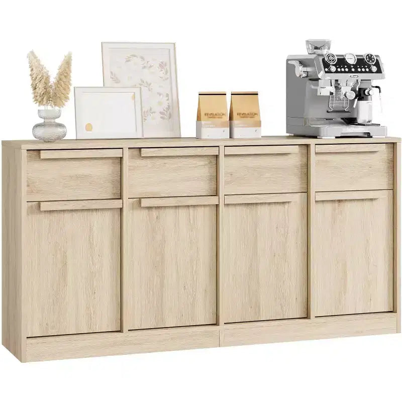 62.4 Armoire de buffet, grande armoire à café avec 4 portes et 4 tiroirs, armoire de rangement moderne avec étagères réglables, station de café en bois