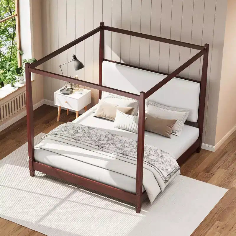 GDFStudio Reyes - Lit plateforme à baldaquin avec tête de lit tapissée et pieds à support à lattes en bois