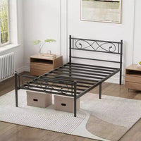 Cadre de lit plateforme en métal de taille double avec tête et pied de lit au design de poing, rangement sous le lit, silencieux, montage facile, pas besoin de sommier tapissier, noir
