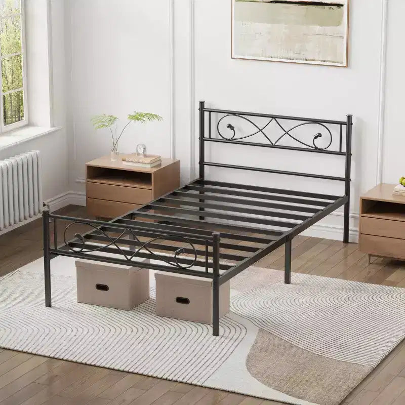 Cadre de lit plateforme en métal de taille double avec tête et pied de lit au design de poing, rangement sous le lit, silencieux, montage facile, pas besoin de sommier tapissier, noir