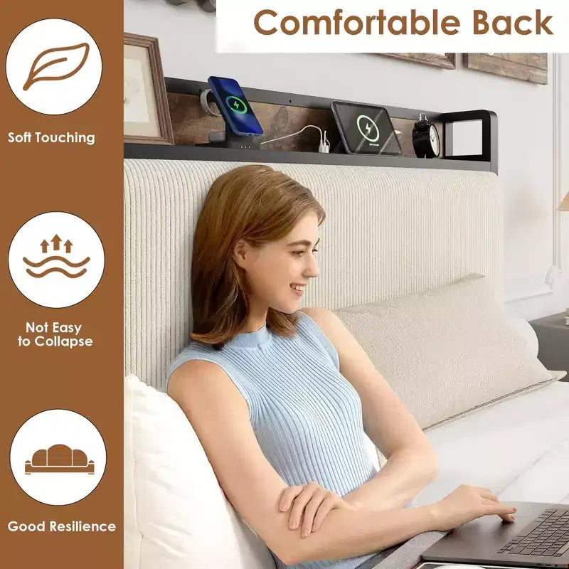 Cadre de lit taille Twin XL avec tête de lit de rangement, tapissé en velours côtelé, 2 tiroirs de rangement et station de recharge, sans sommier requis, sans bruit