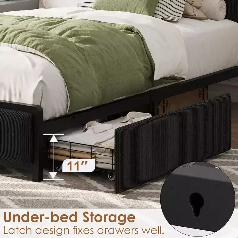 Cadre de lit taille Twin XL avec tête de lit de rangement, tapissé en velours côtelé, 2 tiroirs de rangement et station de recharge, sans sommier requis, sans bruit