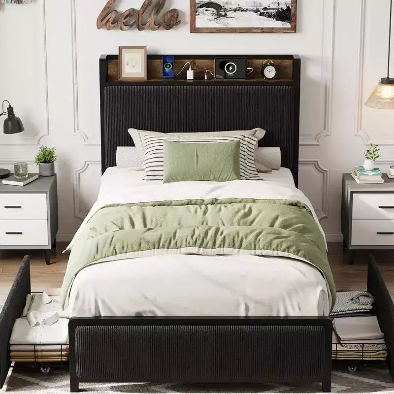 Cadre de lit taille Twin XL avec tête de lit de rangement, tapissé en velours côtelé, 2 tiroirs de rangement et station de recharge, sans sommier requis, sans bruit