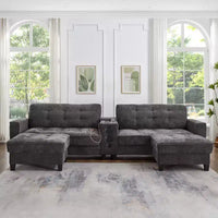 Canapé d'angle Whisen 126 avec console centrale, porte-gobelets, forme en U, haut-parleurs Bluetooth intégrés et 2 poufs de rangement pour le salon