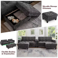 Canapé d'angle Whisen 126 avec console centrale, porte-gobelets, forme en U, haut-parleurs Bluetooth intégrés et 2 poufs de rangement pour le salon