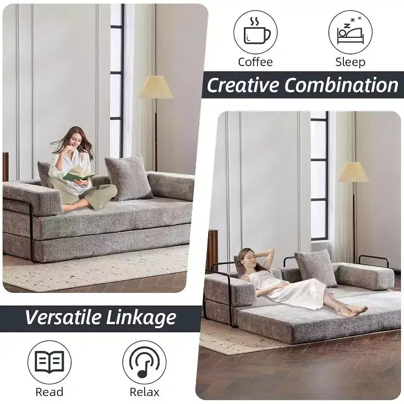 Canapé-lit de sol convertible MooxvMoo, futon en velours côtelé avec coussin, pour salon ou chambre, gris clair